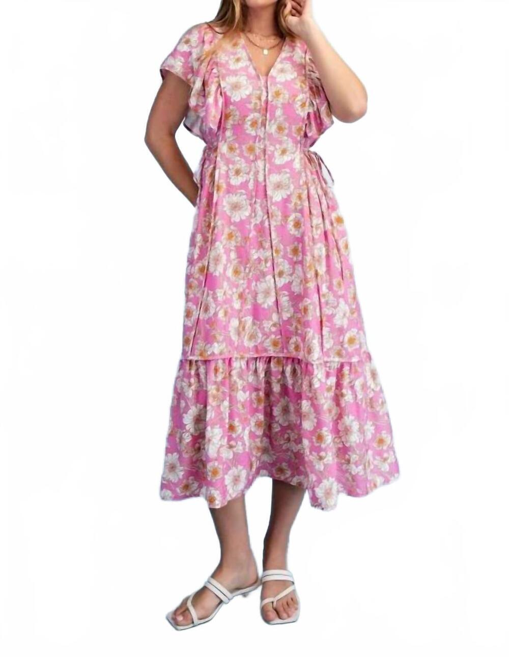 NEW GIGIO vibrant floral print v-neck midi dress in pink